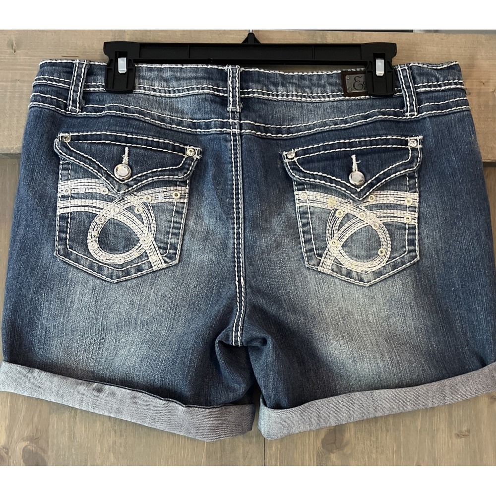 Earl Jeans Bling Denim Shorts Size 12P Roll Hem Stretch‎ Embroidered Rhinestones